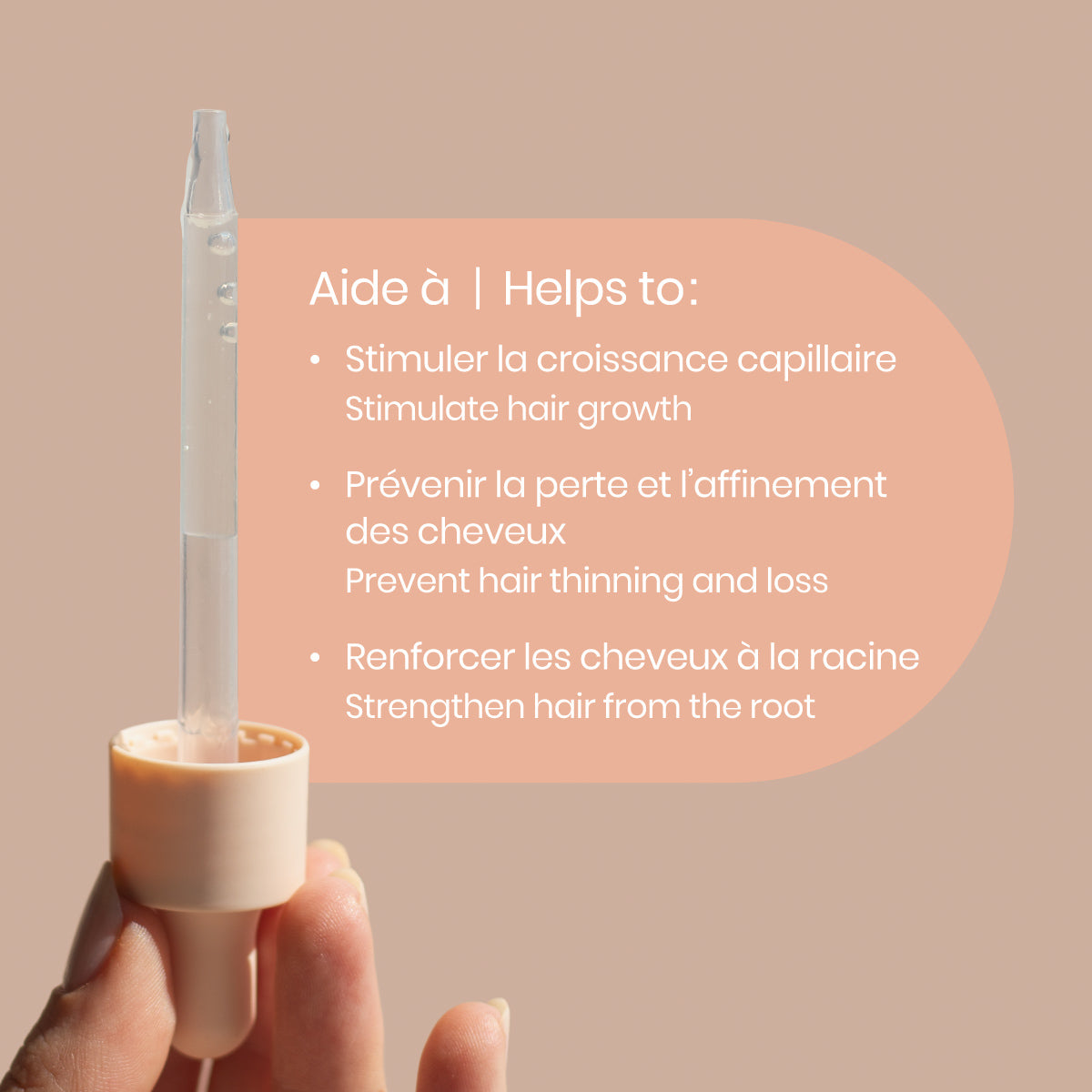 Hair growth product with benefits listed on a beige background