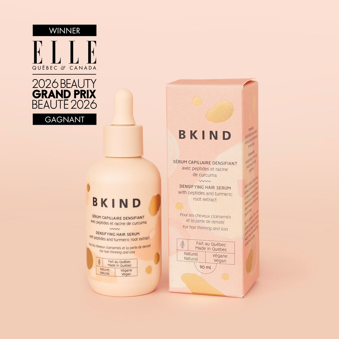 BKIND Densifying hair serum on pink background ELLE Quebec and Canada