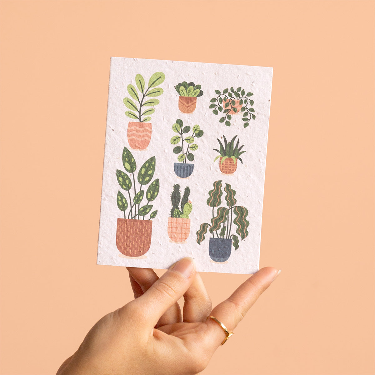 Hand holding a card with plant designs on a beige background