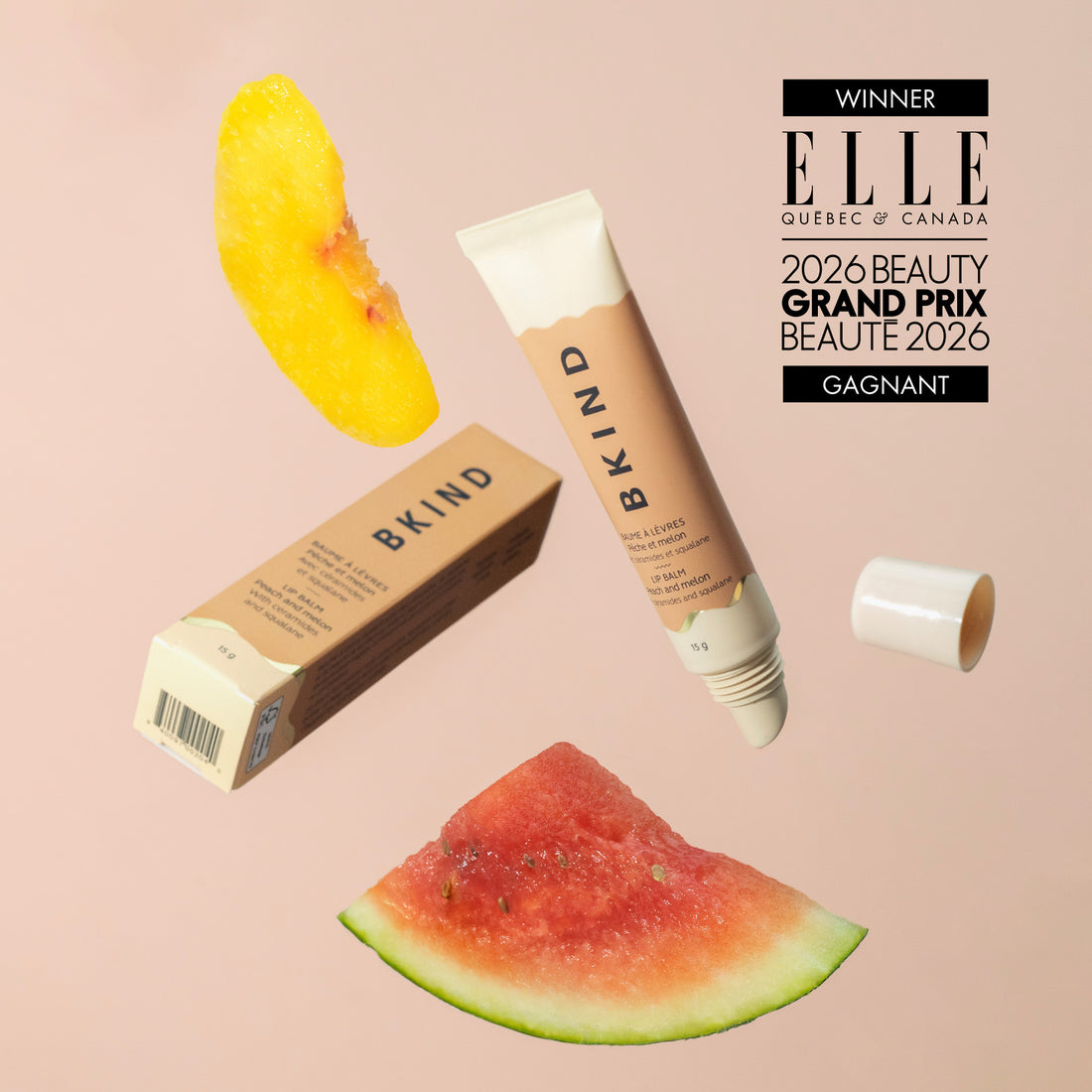 BKIND skincare product with a peach, watermelon, and box on a beige background ELLE Quebec and Canada