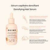 BKIND Densifying Hair Serum bottle with key ingredients details on a white background