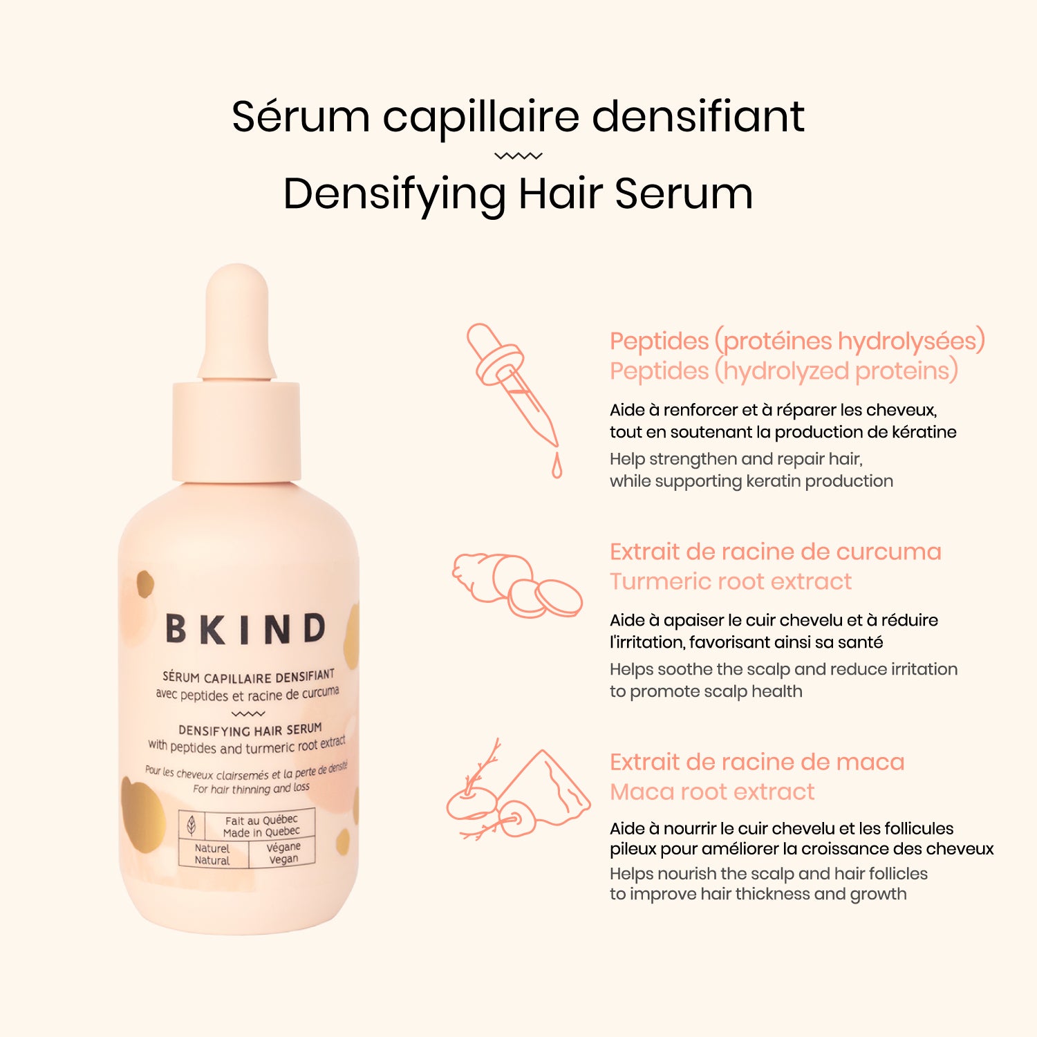 BKIND Densifying Hair Serum bottle with key ingredients details on a white background